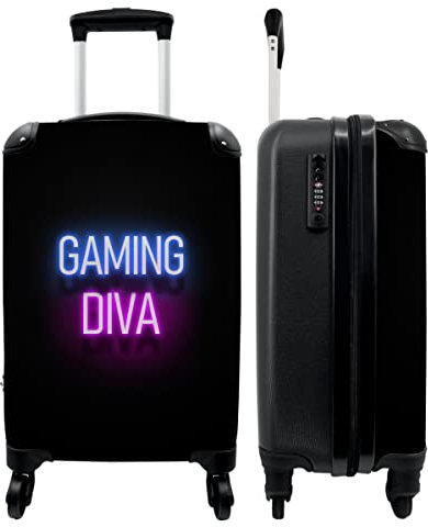 NoBoringSuitcases.com® Koffer Handgepäck Trolley Rollkoffer Kleine Reisekoffer mit 4 Rollen - Gaming - Zitate - Neon - Gaming-Diva - Frauen - 55x35x20cm - Fotokoffer - Kabinenkoffer - Boardgepäck