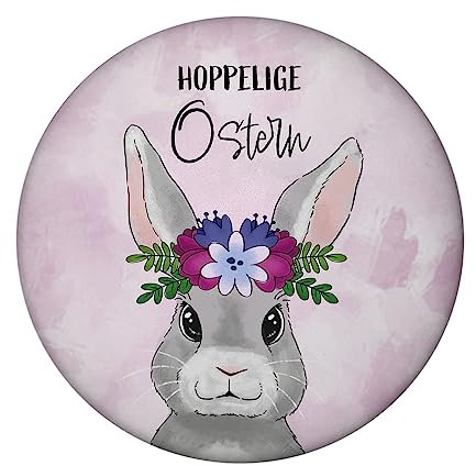 Hoppelige Ostern Magnet rund mit süßem Osterhasen als Osterdeko und zum Anpinnen von Notizen am Kühlschrank zur Osterzeit um die Wohnung zum Frühling zu dekorieren