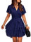 TcIFE Women's Casual Dress Deep V-Neck Short Sleeve Waist Tie Ruffle Chiffon Elegant Mini Short Swing Skater Dresses, NavyBlue, L