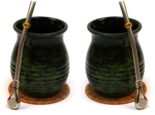 Lot de 2 tasses à thé maté Yerba mate en céramique avec calebasse 360 ml, paille en acier avec anneau de refroidissement, tampon en liège, kit de démarrage pour deux accessoires nécessaires