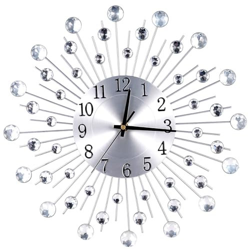 COMBIUBIU Silver Wall Clock Crystal Stylish Diamond Wall Clocks 38cm Modern Wall Clock Silent Metal Clock for Living Room Bedroom Home Wall Art Decoration
