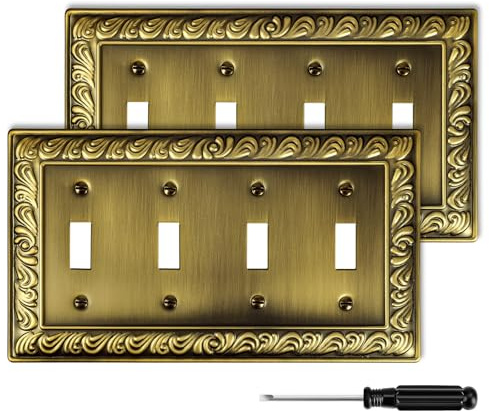 2 Pack Antique Brass Decorative Wall Plate, Quad Toggle Light Switch Cover