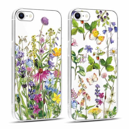 Yoedge 2 Stück Handyhülle für iPhone 8/7 / SE 2020 / SE 2022 Hülle, Transparent Blumen Schmetterling Muster Mädchen Aesthetic Case Weich Schlanke Silikon Stoßfest Case 4,7