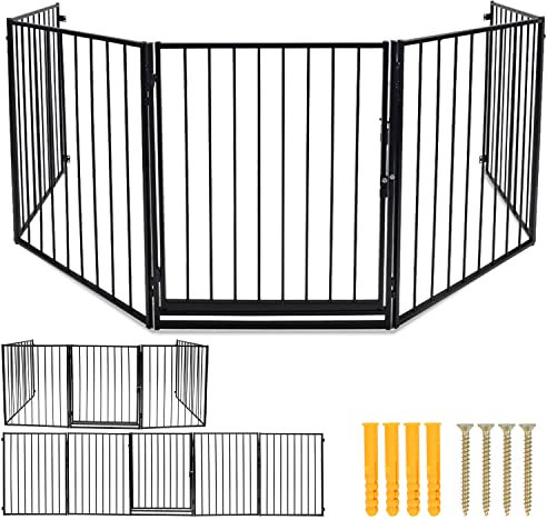 Fogmiea Kaminschutzgitter 304cm, Absperrgitter Ofenschutzgitter, Kinderschutzgitter 5-teilig, Kamingitter mit Tür Metall, Treppenschutzgitter für Kinder und Haustiere-Sicherung, je 60 x 76 cm(Schwarz)