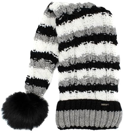 Birendy Beanie Mütze, Zipfelmütze, Pudelmütze, Wintermütze mit großer Fellbommel aus Fellimitat. (Schwarz Weiß gestreift 113)