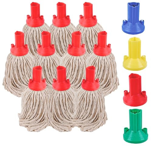 Mop Heads Replacement, Colour Coded Self Threading Socket Cotton Mop Head PY (Pack of 10) (Red)
