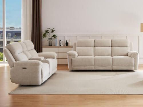 Vente-unique-Relaxsofa 3-Sitzer & Relaxsofa 2-Sitzer elektrisch - melierter Stoff - Beige - KELUNO