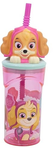 Paw Patrol Skye Gobelet 3D réutilisable en plastique sans BPA pour enfants avec couvercle et paille, idéal pour la rentrée scolaire, pique-nique, camping, 360 ml