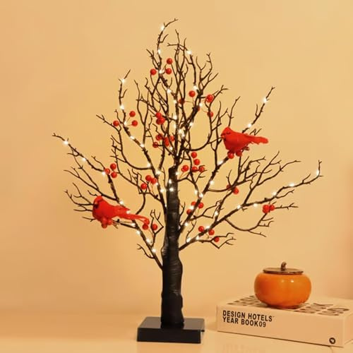 VNDGEOUH Vintage Leuchtender Baum mit Kardinälen, batteriebetrieben, Twinkle Trees Lampe mit beleuchteten Zweigen, beleuchtetes Birken-Bonsai-Tisch-Mittelstück(1pc)