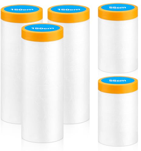 5 Rollen Abdeckfolie mit Klebeband, 100 Meter Malerfolie, Abdeckfolie | Folie mit Klebeband, Klebeband mit Folie für Möbelschutz, Bodenschutz (3 Rollen 150cm x 20m + 2 Rollen 55cm x 20m)