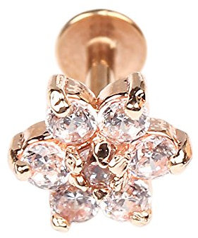 BODYA 1pc Rose Gold 16G 7mm Cubic Zirconia Flower Lip Rings Labret Nose Studs Helix Round Shape Stud Earring Body Piercing Jewelry
