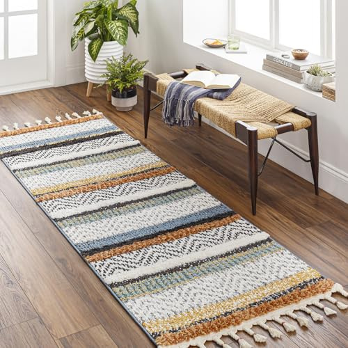 Livabliss Akabli Shaggy - Modern Runner Living Room, Hallway 80x220 cm, Soft Shaggy for Bedroom - Neutral Boho Fluffy, Easy Care Plush Thick Pile - Ivory, Mustard, Blue, Orange