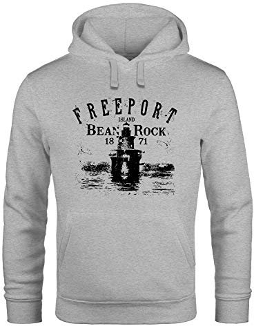 Neverless® Hoodie Herren Retro Print Leuchturm Motiv Schriftzug Freeport Island Kapuzen-Pullover Männer grau M