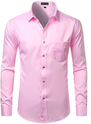 PARKLEES Men's Slim Fit Formal Long Sleeve Casual Business Party Dress Shirts with Chest Pocket Pink S