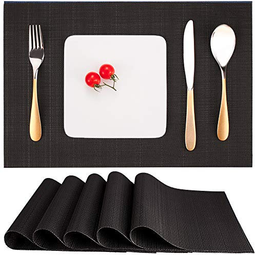 Myir JUN Tischsets Abwaschbar 6er Set, Gewebte Platzdeckchen Abwaschbar rutschfest Abgrifffeste Hitzebeständig, Vinyl Platzsets für küche Speisetisch Hotel, Platz-Matten 30x43.5cm (Schwarz)