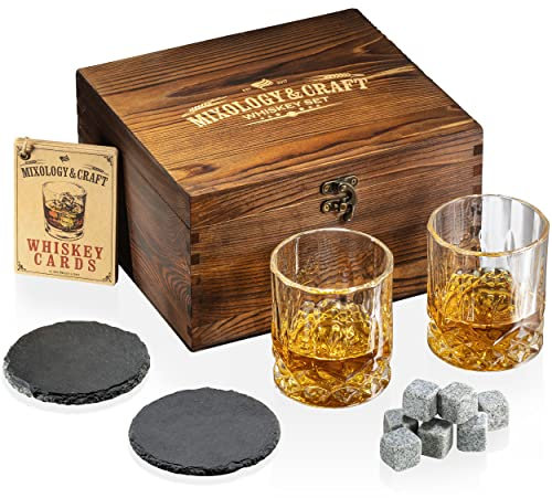 Mixology & Craft Juego de whisky: 2 vasos, 8 piedras, posavasos y tarjetas