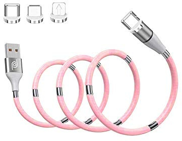 3 in 1 Magnetic Charging Cable, JJA Multi 360 ° Rotating Magnetic Charger Cable Protective with Silicone Tubing USB Cable QC 2.4A Fast Charger for Micro USB/Type C/Phone (Pink, 1M/3FT)