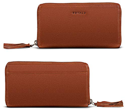 ROYALZ 'Helena' Vintage Leder Portemonnaie Damen groß Reißverschluss viele Fächer Geldbörse Damen RFID Schutz Geldbeutel Frauen Leder, Farbe:Texas Braun