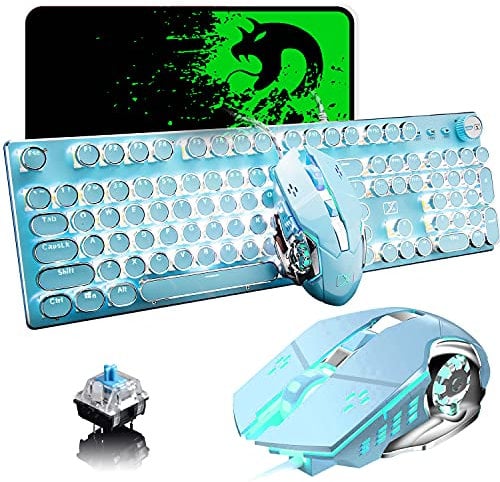 USB-Tastatur mit Kabel, mechanisch, Blauer Schalter, Retro, Steampunk, Vintage, Schreibmaschinen-Stil, weiße LED-Hintergrundbeleuchtung, 104 Tasten, Anti-Ghosting + 2400 DPI, 6 Tasten, Gaming-Maus