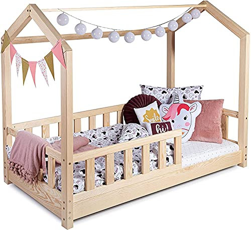 Sanmar Kinderbett Bett Hausbett 80x140 Alex Lattenrost Bettgestell aus Kiefer Holz für Haus Kinder Jungen & Mädchen - Holzbett Baby Kinderzimmer Junge Deko (Rausfallschutz: MIT)