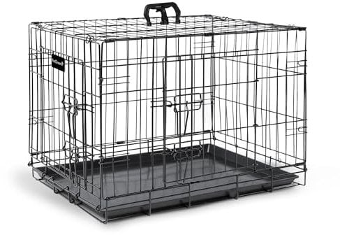 Hundekäfig(106,7cm) - Haustierkäfig aus schwarzem Metall mit 2 Türen (vorne und seitlich) mit kaubeständiger Kunststoff-Basisschale und Tragegriff, robuste Box, perfekt für Welpentraining (extra groß)