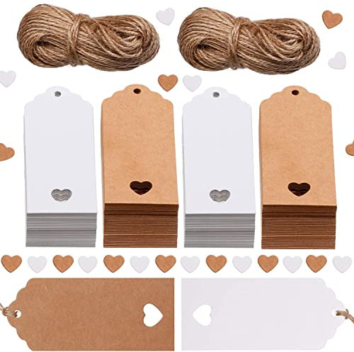 200 Pcs Gift Tags, Kraft Paper Gift Tags with Heart and 40 Meters Jute Rope and 2 Types of Cards, Price Labels, Can Be Used as Crafts, Gift Decoration