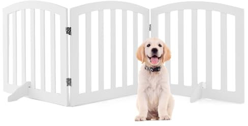 COSTWAY Pet Gate, 3/4 Panel Freestanding Folding Dog Barrier, 61cm Step Over Safety Fence for Doorway, Stairs (185 x 61cm, White)