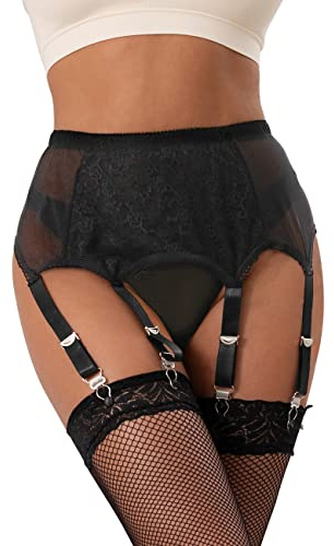 ohmydear Plus Size Suspender Belt 6 Straps Lace Sexy Lingerie Set UK 8-22 | Breathable Lace Mesh, 6 Wide Straps and Metal Clips for Stockings, High Waist Garter Belt Ideal for Boudoir, or Date Nights
