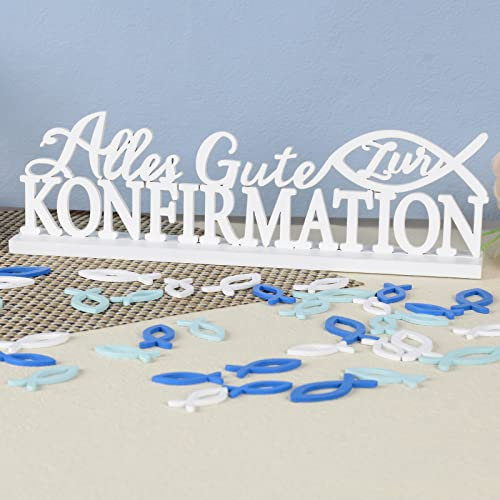 (37 STK) Konfirmation Tischdeko Holz 1 STK Schriftzug Alles Gute zur Konfirmation 36 STK Streudeko Fische Holz Deko für Konfirmation Taufe Kommunion Junge Mädchen (Bunt-B)