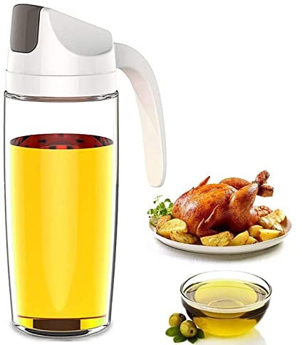 Kimilx Oil Dispenser, Cooking Olive Oil Glass Bottle, 600ML 22OZ White Auto Flip Leakproof Condiment Container, W/Automatic Cap and Stopper For Kitchen Cooking