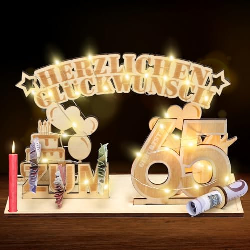 Meleager Geldgeschenke 65. Geburtstag, Holz Dekoration mit LED Lichterkette, Geldgeschenke zum 65. Geburtstag Mann Frau, A05-5