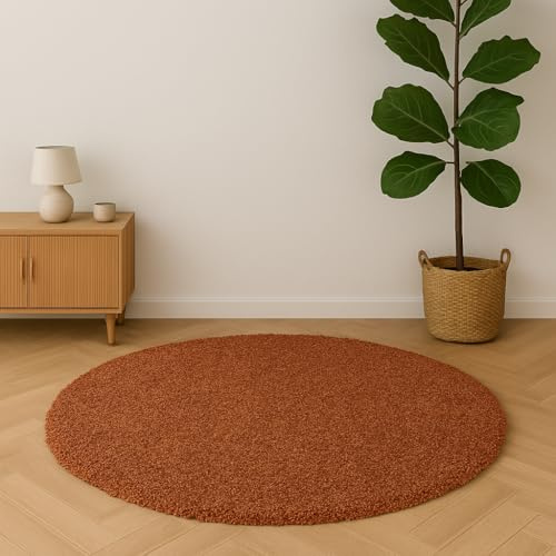 DomDeco Teppich Ease – Waschbar & Super Weich | 12 mm Kurzflor, Flexibel & Pflegeleicht | Runder Teppich für Wohnzimmer, Schlafzimmer, Kinderzimmer | Ø 160 cm | Rotbraun