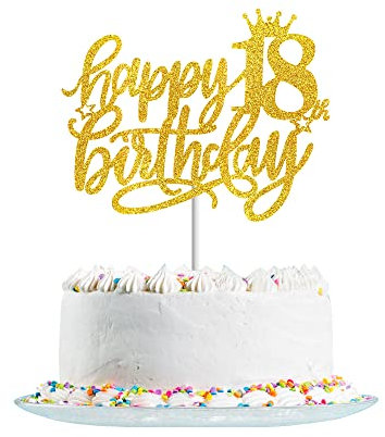 Happy 18th Birthday Cake Topper Gold Glitter for Hello 18,Cheers to 18 Years,18 & Fabulous, 18th Birthday Cake Pick 18 Years Old Birthday Party Cake Decorations