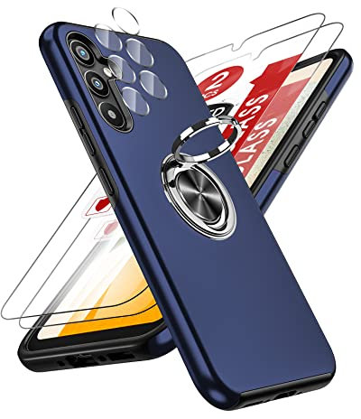 LeYi Funda para Samsung Galaxy A34 5G/A 34 con 2× Protector de Lente de Cámara,2× Cristal Templado, Carcasa con 360 Grados Metálico Anillo Hard PC Silicona Antigolpes Case para Samsung A34, Azul