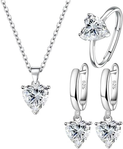 TTPSRY Herzförmig Schmuckset für Damen Kristall Halskette Ohrstecker Ring Set für Braut Zirkonia Brautjungfer Silber Schmuck