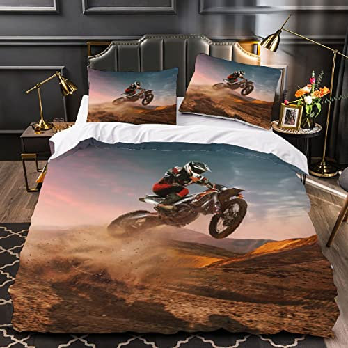 OENISE Bettwäsche 135x200 Motorrad 3D Bettwäsche Set 3teilig für Kinder Jungen Mädchen Extremsport 100% Mikrofaser Weich Teenager Bettbezug mit Reißverschluss und 2 Kissenbezüge 80x80 Sommer