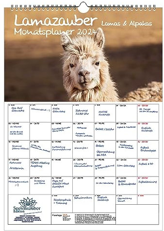 Lamazauber Planer DIN A3 Kalender für 2024 Lama Alpaka - Geschenkset Inhalt: 1x Kalender, 1x Weihnachts- und 1x Grußkarte (insgesamt 3 Teile)