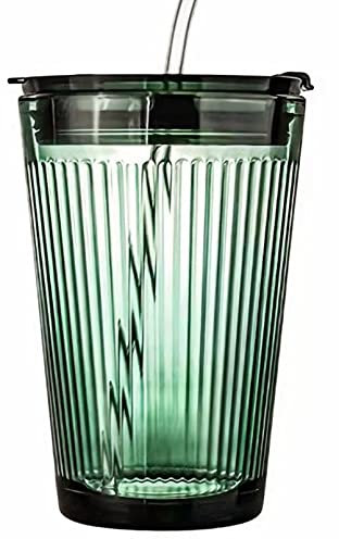 KKGUD Vasos acanalados con tapa y popote, vasos de vidrio de 15.5 onzas para jugo, leche, cóctel, café (verde)