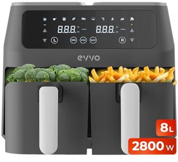 EVVO Freidora de aire sin aceite de 8L, 2800W, Doble Cesta, Recipiente Antiadherente, Tecnología Dual Cyclone, 10 Programas, Hornea, Deshidrata, Descongela, hasta 200º (Color Negro)