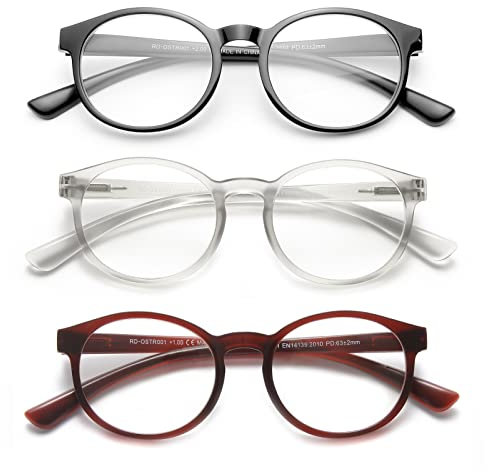 OKH 3er-Pack Blaulichtfilter Rund Lesebrillen Sehhilfe Augenoptik Brille Lesehilfe für Damen Herren Rahmen Federscharniere Verbessert Schlaf Computerbrille Gaming Entspiegelt 1.5
