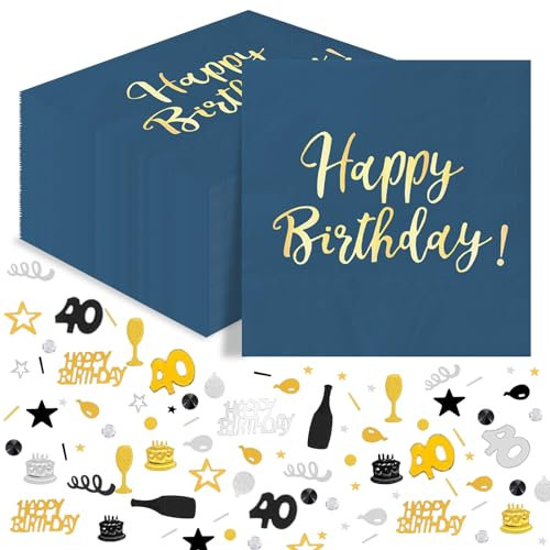40 Pieces Blue Gold Birthday Napkins + 40th Birthday Confetti Gold Black 15g, 40th Happy Birthday Napkins Confetti Set Birthday Party Table Decorations