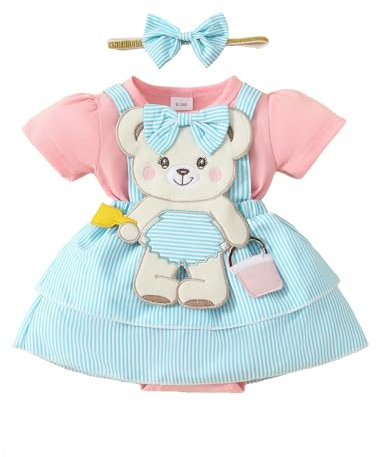 ESSECMBS 2Pz Completo Neonata Pagliaccetto Estivo Bimba Tutina Stampa Orso dei Cartoni Animati Bimba Body Elegante Neonata con Maniche Corte Casual+Fascia per Neonata (Rosa, 0-3 Months)