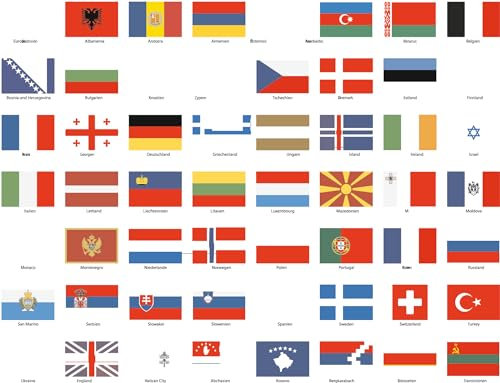 Länder Flaggen Set Aufkleber Europa - 56 Sticker Länderfahnen 2 Bögen - UV beständig - wasserfest - Größe 4.9x3.3cm - für Modellbau, Koffer, Dekoration
