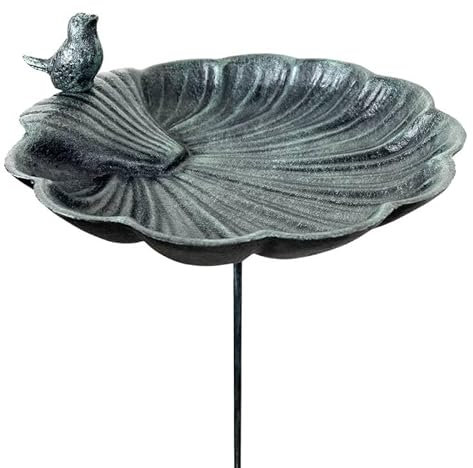 Bain Oiseau Coquille en Fonte Patiné Vert Abreuvoir à Oiseau sur Tige Mangeoire Extérieure à Coupelle 26,5x26,5x121cm