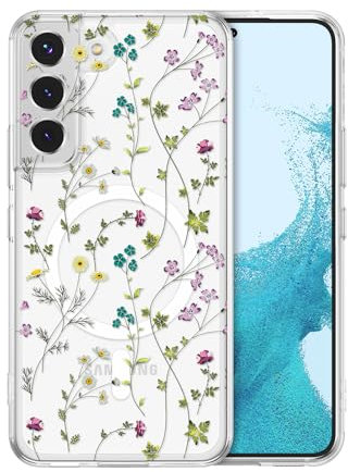 RALEAVO Magnetisch Hülle für Samsung Galaxy S22 5G Kompatibel mit MagSafe Kabellosem Laden, Silikon Niedlich Blumen Hülle Transparent Stoßfest Schutzhülle für Samsung S22-Flower