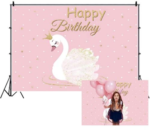 Tincceer Happy Birthday Hintergrund 2.2x1.5m Cartoon-Schüchterner Schwan mit Goldener Krone, Glitzersterne, Mädchen, Prinzessin, Geburtstag, Fotografie-Hintergründe, Kuchen, Tischbanner