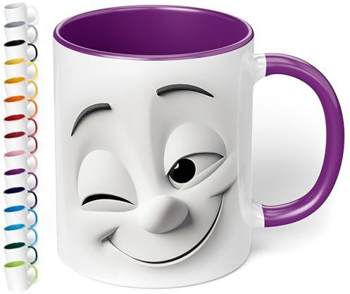 True Statements Emotion Büro Keramik-Tasse „Zwinkerndes Gesicht“ - 330ml Kaffeebecher - Face Mug - Geschenke für Kollegen (Violett)