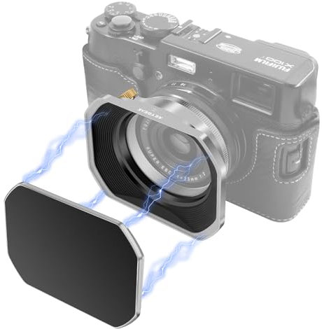REYGEAK Paraluce in metallo per fotocamera Fuji Fujifilm FinePix X100V X100F X100 X100S X100T X70 Nero LH-X54B + Kapp-X54B copriobiettivo con coperchio e set di anelli adattatore da 49 mm (argento)