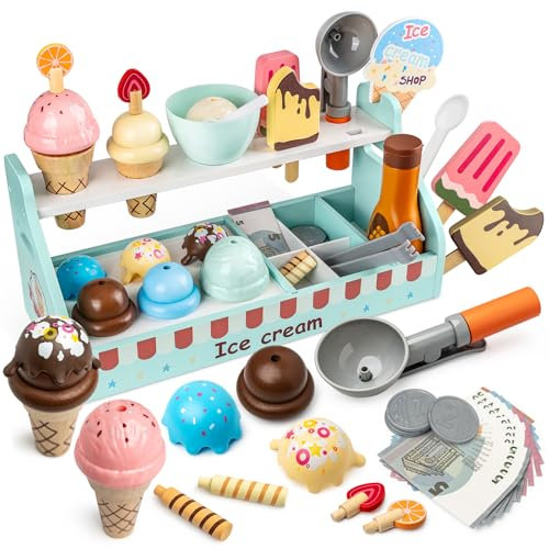 Eisdiele Kinder Holz, Commodum 43 Stück Kaufladen Zubehörab 3 Jahre, Eisladen Kinder Holz, Holzspielzeug Spielküche Zubehör, Rollenspiele Kinderspielzeug für Jugend, Geschenke Mädchen 3+