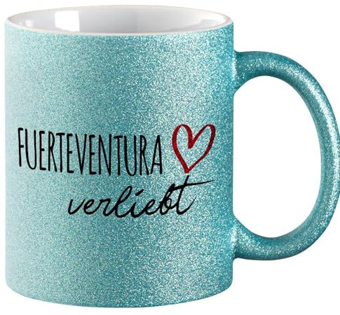 huuraa Glitzertasse Fuerteventura verliebt Geschenk Tasse Blau 330ml Fuerteventura Geschenkidee